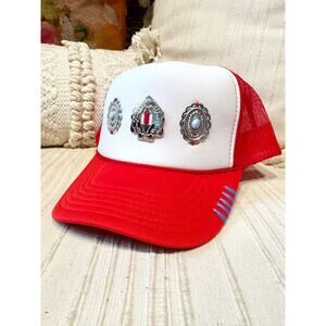 Vintage Otto Red & White Trucker Hat with Silver Tone Western Concho Accents
